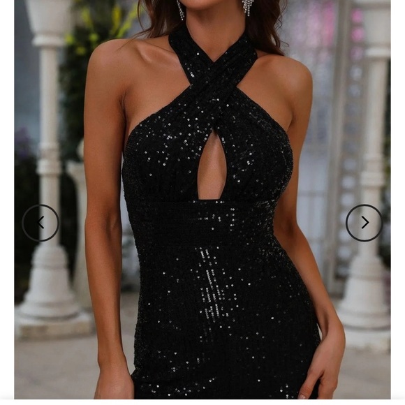 FAERIESTY Crisscross Cut Out Sequin Flare Leg Jumpsuit Size Large - Picture 3 of 12